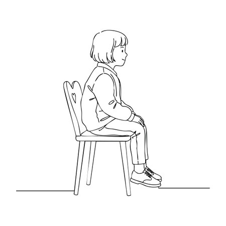 Illustration shows a child sitting sideways on a heart-shaped back chair with calm expression and relaxed posture, conveying peaceful mood.のイラスト素材