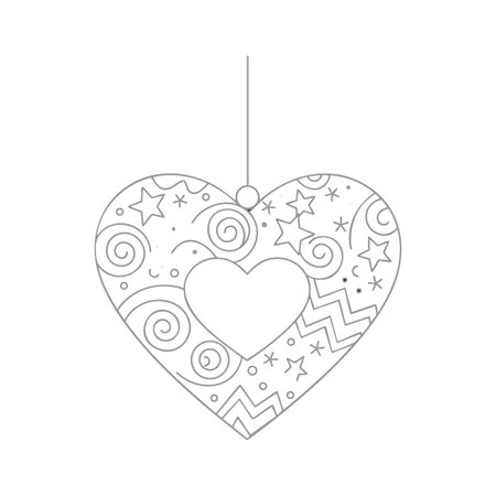 Vector illustration of a heart shaped hanging decoration filled with stars, swirls, and zigzag patterns in simple line art style. Calm and minimalistic.のイラスト素材