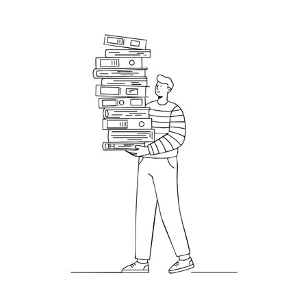 Illustration shows a man holding a tall pile of books in a minimalistic line art style, conveying effort and knowledge in a clean mood.のイラスト素材
