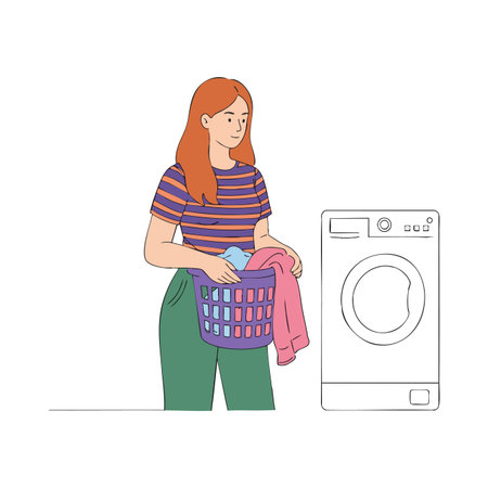 Illustration shows a woman holding a basket of clothes beside a washing machine in a domestic setting, creating a calm and routine mood.のイラスト素材