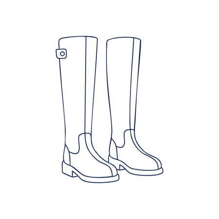 Vector line art of tall riding boots shown side by side with simple black outlines on white background, minimalistic and clear design. Calm.のイラスト素材