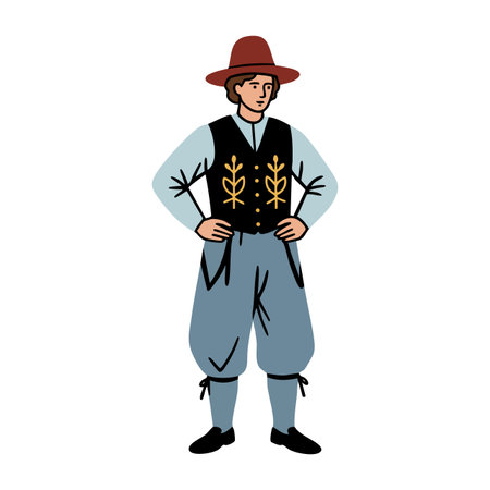 Illustration shows a man wearing traditional folk attire including a brown hat and embroidered vest. The figure stands confidently in a neutral pose. Calm mood.のイラスト素材