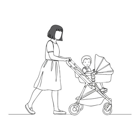 Illustration shows a woman walking while pushing a baby in a stroller in minimal line art style, creating a calm and gentle mood.のイラスト素材