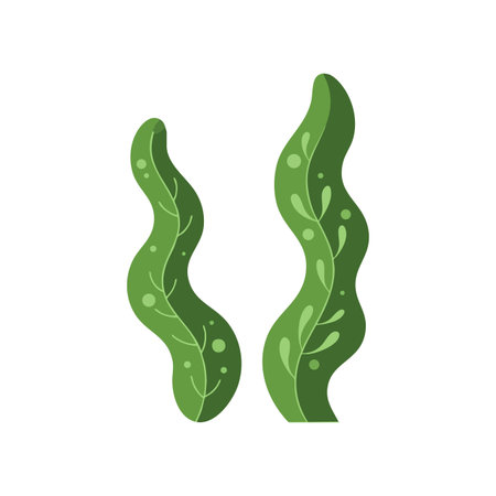 Illustration shows two green wavy seaweed leaves with natural shapes and patterns in a simple aquatic vector style. Calm and fresh mood.のイラスト素材