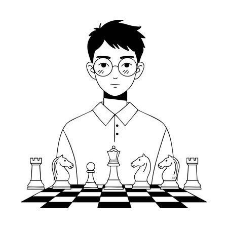 Illustration shows a focused young man sitting behind a chessboard with various chess pieces in black and white style. Calm mood.のイラスト素材