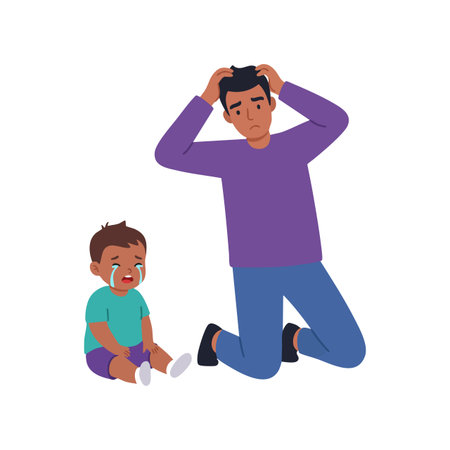 Illustration shows a father kneeling with hands on head and a crying toddler sitting nearby, expressing frustration and sadness. Emotional scene, empathetic mood.のイラスト素材