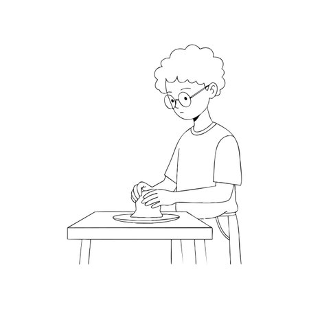 Boy with glasses shapes clay on a pottery wheel focused on his creative art project in a calm atmosphere.のイラスト素材
