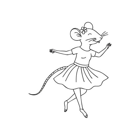 This vector shows a graceful mouse character dancing with a flowy skirt and flower headband, conveying playful and charming mood.のイラスト素材
