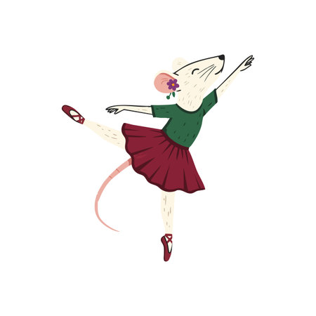 Dancing mouse performs an elegant ballet pose wearing a green top and red skirt, expressing grace and charm in vector style. Cheerful mood.のイラスト素材