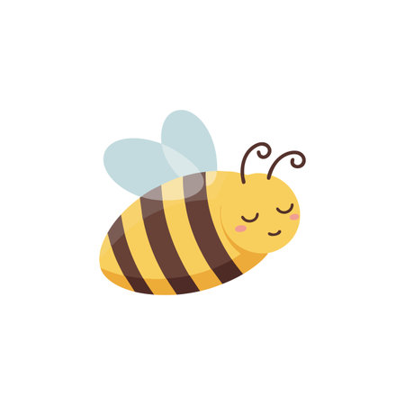 This vector shows a cute bee with yellow and brown stripes sleeping peacefully with closed eyes and pink cheeks. Calm and gentle mood.のイラスト素材