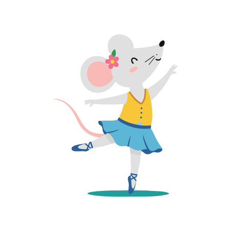Cute dancing mouse ballerina wears a blue skirt and yellow top with a flower on ear, performing ballet gracefully. Cheerful mood.のイラスト素材
