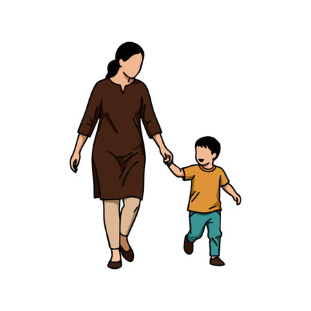 Woman and young boy holding hands walking happily together in casual outfits, showing family bond and care, warm scene, joyful mood.のイラスト素材