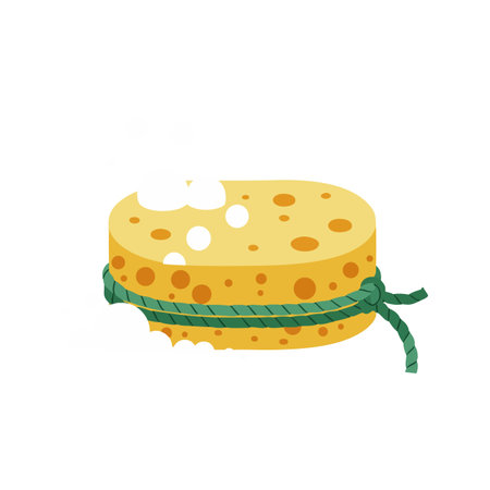 Yellow cleaning sponge with green rope is shown isolated on a white background in a simple vector style. The image is clean and functional.のイラスト素材