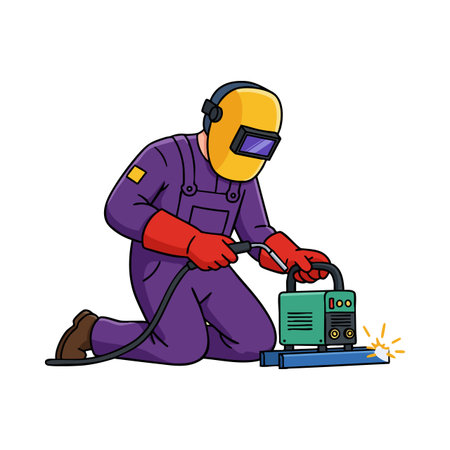 Illustration shows a welder wearing yellow helmet and purple outfit welding metal with sparks flying, focused on task in safety gear, industrious mood.のイラスト素材