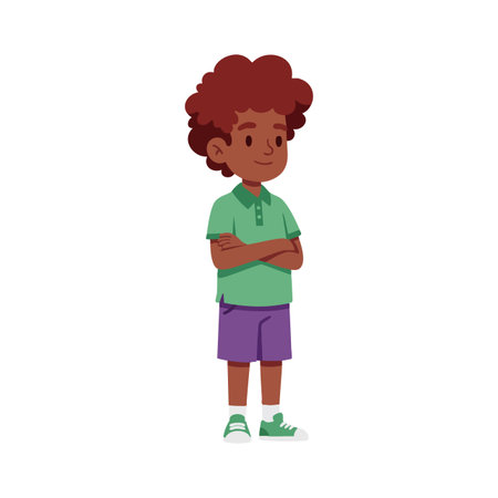 Illustration of a boy standing confidently with crossed arms wearing a green polo shirt and purple shorts. Calm and self-assured mood.のイラスト素材