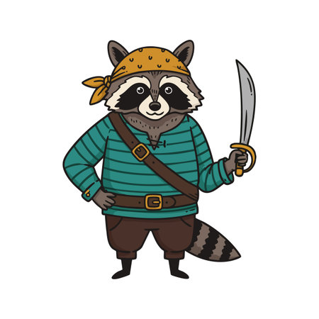 Cartoon raccoon dressed as a pirate with a yellow bandana and striped shirt holding a sword, standing confidently in playful mood.のイラスト素材