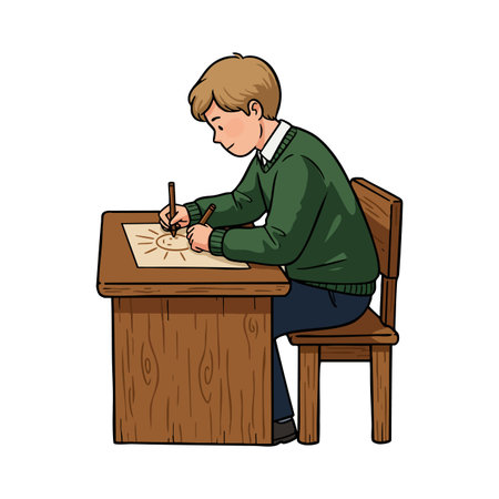 Boy wearing a green sweater sits at a wooden desk focused on drawing with a pencil, creating art in a calm setting.のイラスト素材