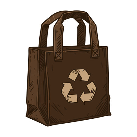 This vector illustration shows a brown reusable shopping bag with a recycling symbol promoting eco-friendly habits in a simple style. Calm.のイラスト素材