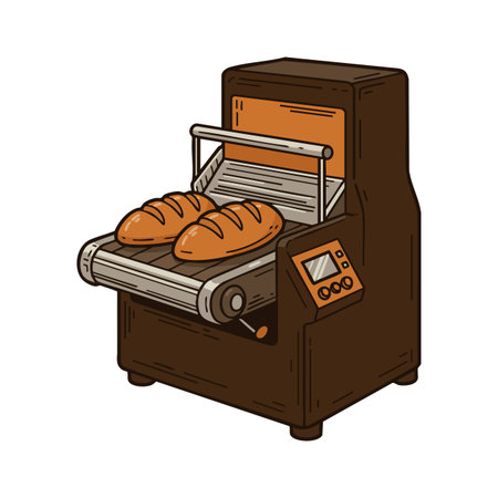 This vector illustration shows a bread baking machine with a conveyor belt and two loaves of bread inside, emitting a warm industrial vibe.のイラスト素材