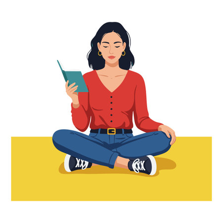 Woman with black hair sits cross legged on yellow surface reading a book with focused expression in calm mood.のイラスト素材