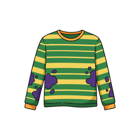 This vector features a striped green and yellow long sleeve sweater with purple stains in a flat design style. Casual and artistic mood.のイラスト素材