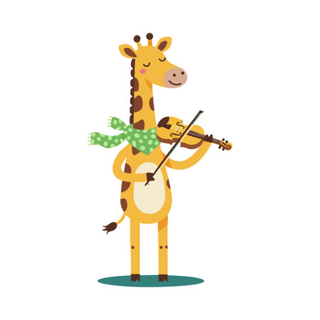 The giraffe wearing a green scarf plays violin with closed eyes, standing on a green patch, creating a joyful and peaceful scene.のイラスト素材