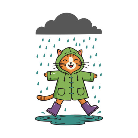 Cute orange cat in green raincoat and purple boots enjoys splashing in a puddle under a dark rain cloud, cheerful mood.のイラスト素材