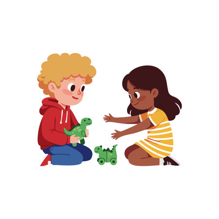 Two children play with green dinosaur toys, sitting on the floor, enjoying their time together in a playful and friendly scene. Cheerful mood.のイラスト素材