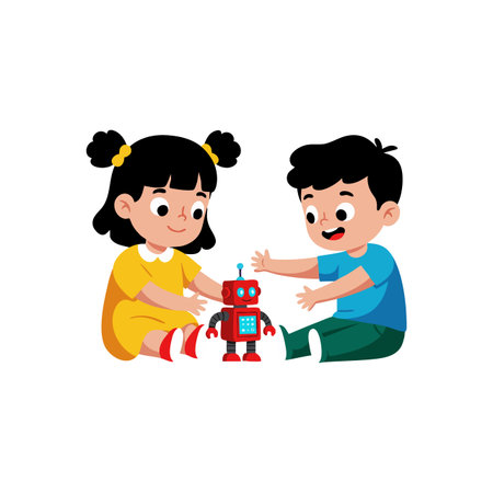 Two children interact happily with a red robot toy, showing curiosity and joy in a colorful, friendly scene. Cheerful mood.のイラスト素材