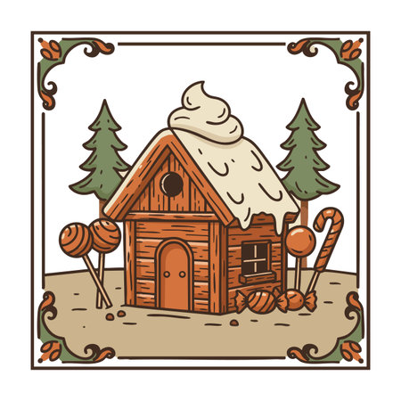 Illustration shows a gingerbread house decorated with candies and surrounded by pine trees in a winter setting, cozy and festive mood.のイラスト素材