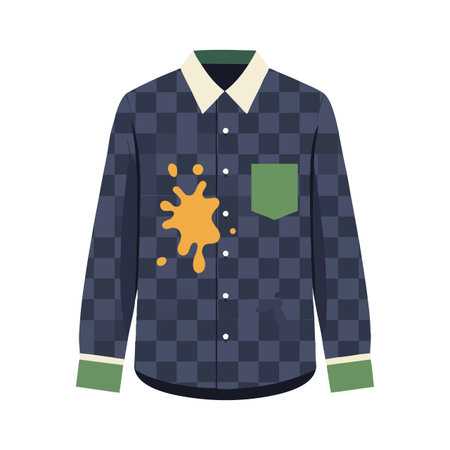 Illustration shows a checkered long sleeve shirt with a green pocket and orange stain on front, designed in flat style. Casual mood.のイラスト素材