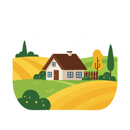 This vector shows a countryside house surrounded by yellow fields and green hills under a clear sky in a calm rural setting. Peaceful mood.のイラスト素材
