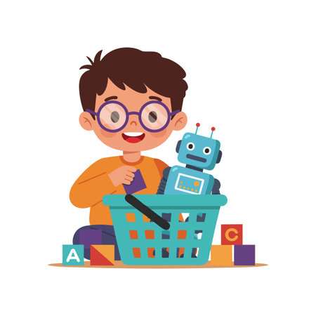 A cheerful young boy enjoys playing with a blue robot toy and colorful blocks inside a basket, creating a playful learning environment. Happy mood.のイラスト素材