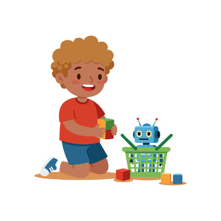 A boy kneels playing with colorful blocks near a basket containing a blue robot toy, engaging in creative playtime. Cheerful mood.のイラスト素材