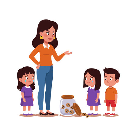 Illustration shows mother scolding three children near a cookie jar with spilled cookies, expressing discipline and concern. Serious mood.のイラスト素材