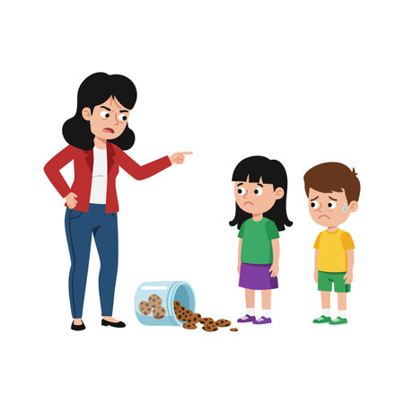 A mother in red scolds two sad children standing beside spilled cookies from a jar, creating a tense family moment. Serious mood.のイラスト素材