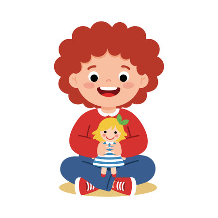 A curly-haired child sits cross-legged smiling while holding a doll, bright colors emphasizing innocence and joy in a playful mood.のイラスト素材
