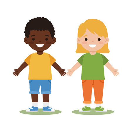Illustration shows two children holding hands, smiling with friendly expressions and colorful clothing, promoting friendship and unity. Cheerful mood.のイラスト素材