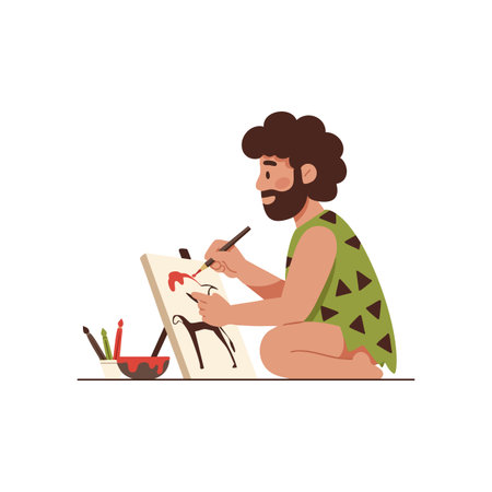 Caveman paints a prehistoric animal on canvas using brushes and red paint, sitting cross-legged in a creative atmosphere. Calm mood.のイラスト素材