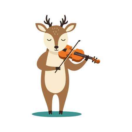 Deer stands upright playing a violin with closed eyes, showing calm concentration in a simple, colorful style. Cheerful mood.のイラスト素材