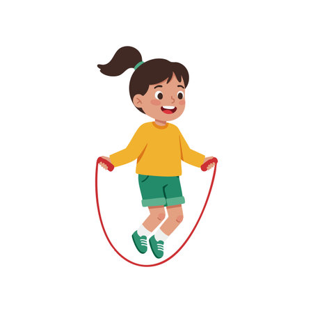 Girl happily jumps rope wearing yellow top and green shorts, showing active playful energy in a cheerful mood.のイラスト素材