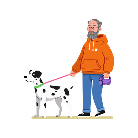 Elderly man with beard wears orange hoodie and blue pants while walking a Dalmatian dog on a pink leash, simple flat style, calm mood.のイラスト素材