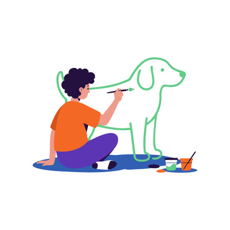 A child sits on the floor painting a large green dog outline with brushes and paint pots in a creative and playful scene. Cheerful mood.のイラスト素材