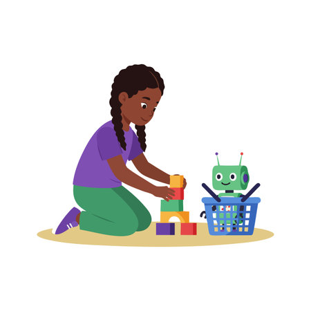 A child with braided hair plays on the floor stacking colorful blocks near a green toy robot, creating a playful and focused scene.のイラスト素材