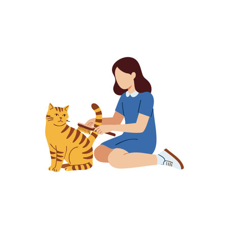 The girl brushes an orange tabby cat sitting calmly while kneeling on the floor in a simple setting. Calm and caring mood.のイラスト素材