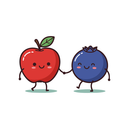Apple and blueberry cartoon characters hold hands and smile happily in a simple, colorful vector illustration mood cheerful.のイラスト素材