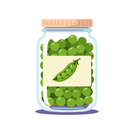 Vector illustration shows a glass jar filled with green peas and a wooden lid, featuring a pea pod label, conveying fresh and healthy mood.のイラスト素材