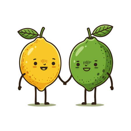 Vector illustration shows happy lemon and lime characters holding hands with smiling faces and green leaves, creating a friendly and joyful mood.のイラスト素材