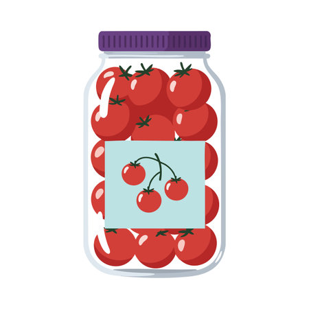 Vector illustration shows a transparent jar filled with bright red cherry tomatoes and a purple lid, symbolizing fresh vegetable preservation. Cheerful.のイラスト素材