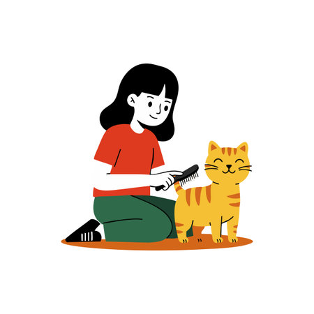 A girl brushes an orange tabby cats fur while sitting on the floor, creating a calm and joyful interaction scene. Cheerful mood.のイラスト素材